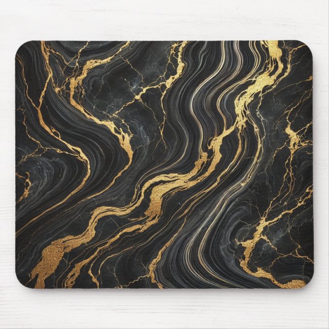 Chic Black & Gold Metallic Marble Look Glamour Mouse Mat (Front)