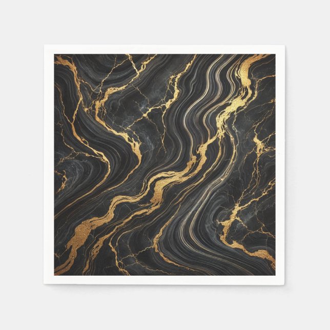 Chic Black & Gold Metallic Marble Look Glamour Napkin (Front)