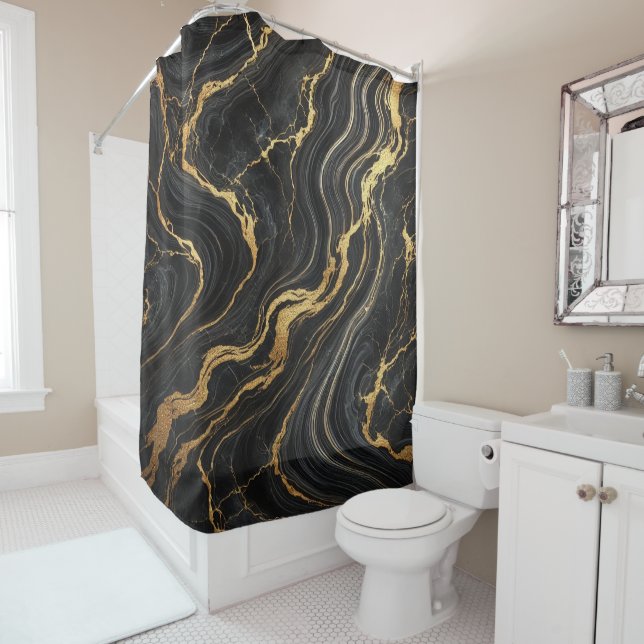 Chic Black & Gold Metallic Marble Look Glamour Shower Curtain (In Situ)
