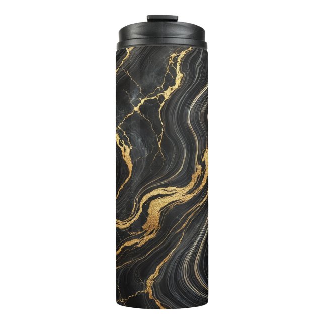 Chic Black & Gold Metallic Marble Look Glamour Thermal Tumbler (Front)