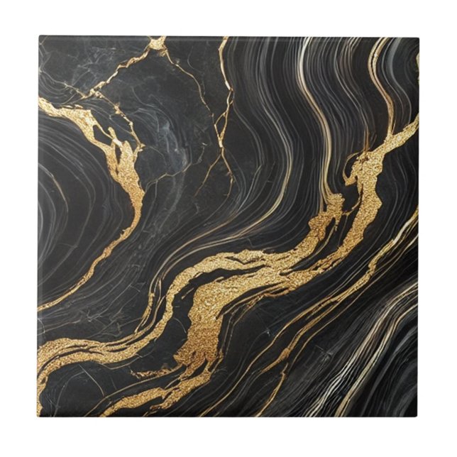  Chic Black & Gold Metallic Marble Look Glamour Tile (Front)