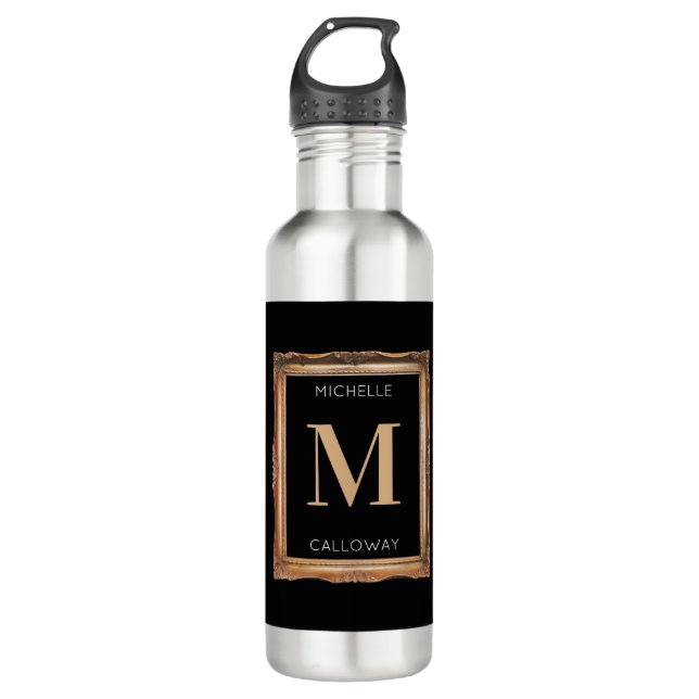 Chic Black & Gold Monogram 710 Ml Water Bottle (Front)
