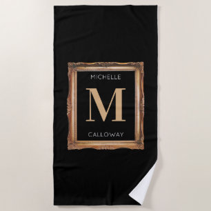 Chic Black & Gold Monogram Beach Towel