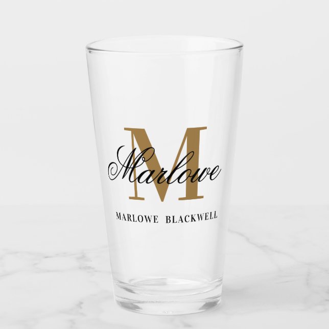 Chic Black Gold Monogram Calligraphy Glass (Front)