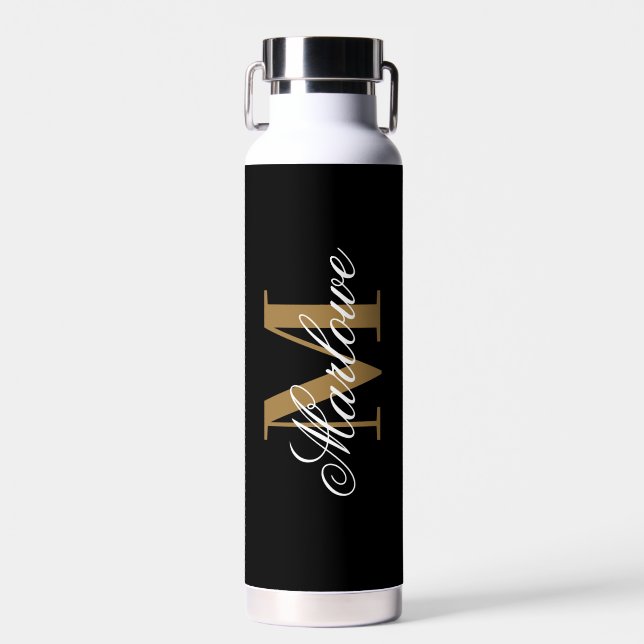 Chic Black Gold Monogram Calligraphy Water Bottle (Front)