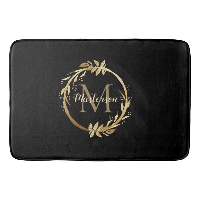 Chic Black Gold Monogram Eucalyptus Wreath Bath Mat (Front)