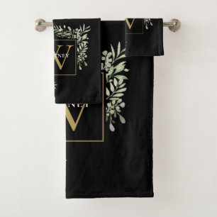 Chic Black Gold Monogram Greenery Floral Bath Towel Set