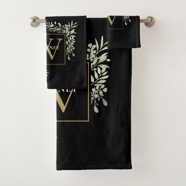 Chic Black Gold Monogram Greenery Floral Bath Towel Set (Insitu)