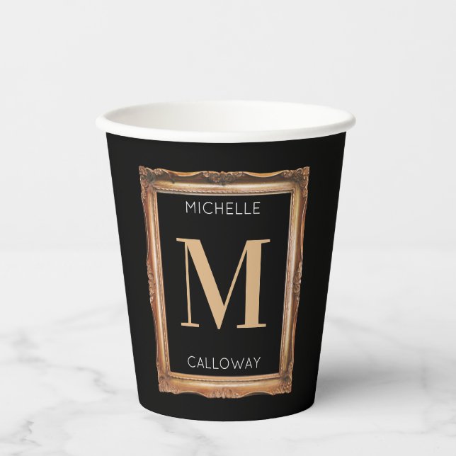 Chic Black & Gold Monogram  Paper Cups (Front)