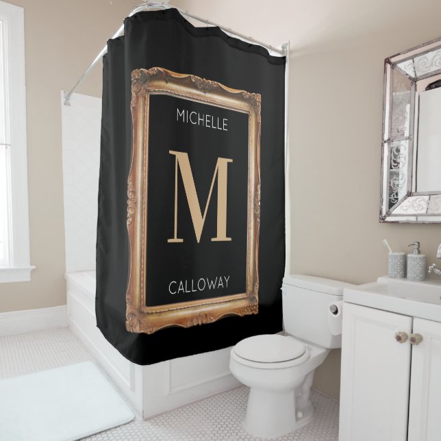 Chic Black & Gold Monogram Shower Curtain (In Situ)