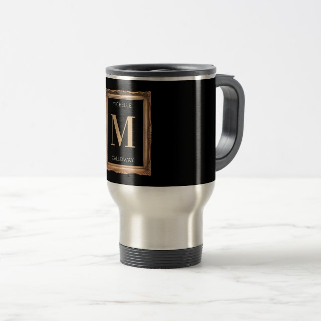 Chic Black & Gold Monogram Travel Mug (Front Right)
