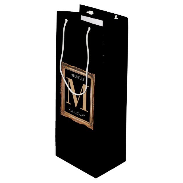 Chic Black & Gold Monogram Wine Gift Bag (Front Angled)