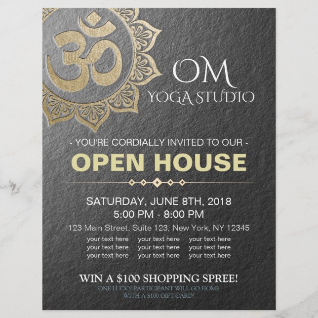 Chic Black Gold OM Mandala YOGA Studio Open House Flyer (Front)