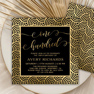 Chic Black Gold One Hundred Script 100th Birthday Invitation