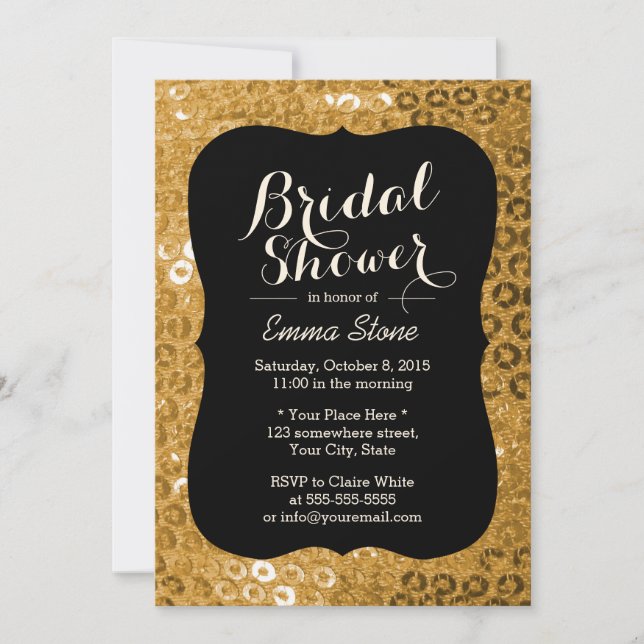 Chic Black & Gold Paillettes Bridal Shower Invitation (Front)