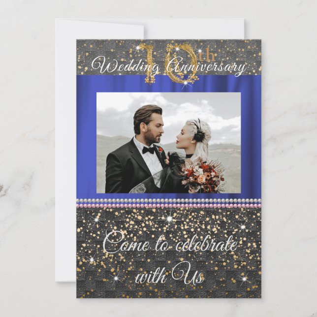Chic Black Gold & Pearls 10th Wedding Anniversary  Invitation (Front)