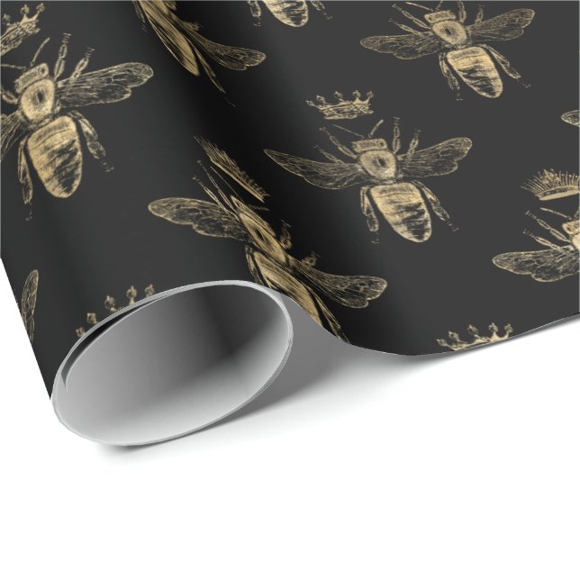 Chic Black Gold Queen Bee Pattern Wrapping Paper (Roll Corner)