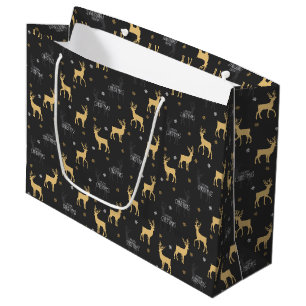 Chic Black Gold Reindeer Merry Christmas Large Gift Bag