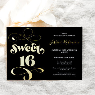 Chic black gold retro script photo Sweet 16