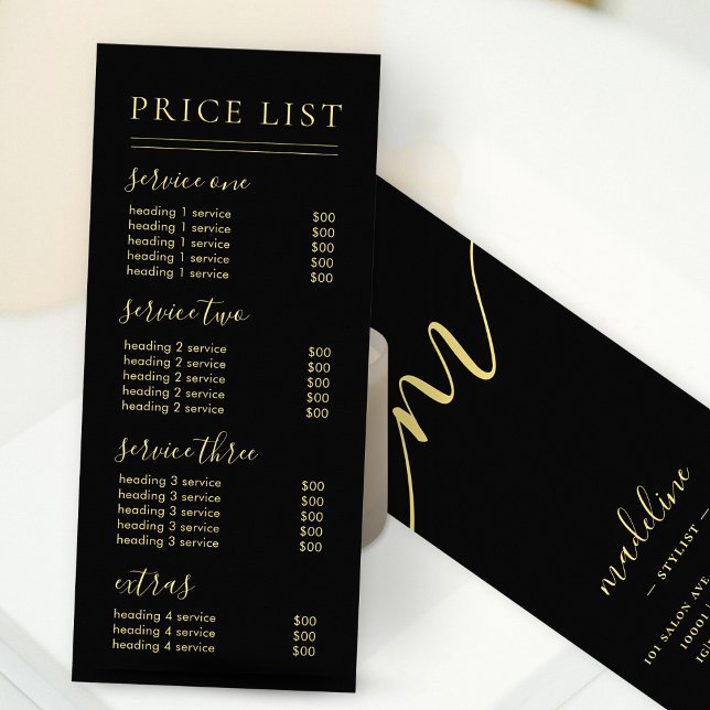Chic Black Gold Script Calligraphy Price List Rack Card (Creator Uploaded)