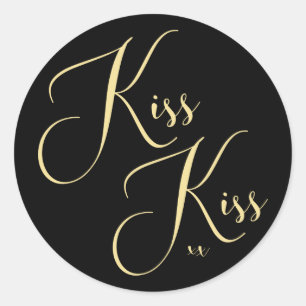 Chic Black Gold Script Kiss Kiss Saying Classic Round Sticker