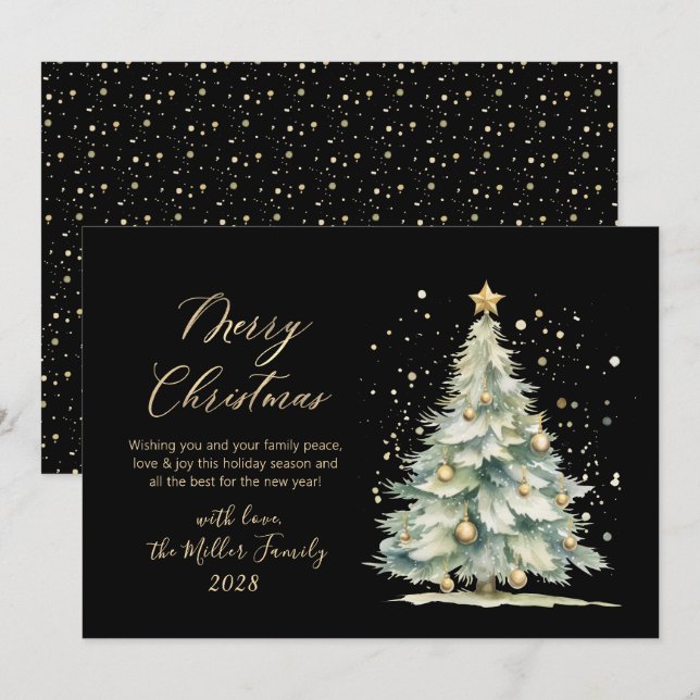 Chic Black Gold Script Watercolor Christmas Tree Holiday Card (Front/Back)