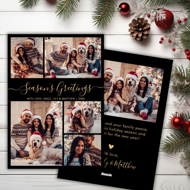 Chic Black Gold Seasons Greetings Script 5 Photo Holiday Card (Creator Uploaded)