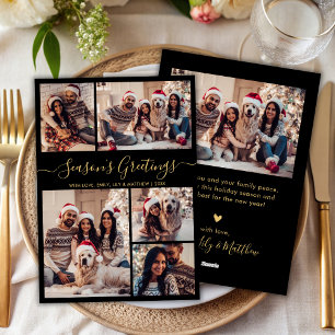 Chic Black Gold Seasons Greetings Script 5 Photo Holiday Card