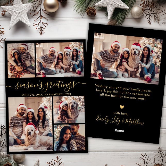 Chic Black Gold Seasons Greetings Script 5 Photo Holiday Card (Creator Uploaded)