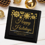 Chic Black Gold Snowflake Custom Christmas Party Gift Box<br><div class="desc">Chic corporate Christmas party gift box with Happy Holidays written in elegant gold cursive script under a beautiful border of snowflakes falling on  modern black holiday decor. Customise your professional presents for clients or employees with your company or business name.</div>