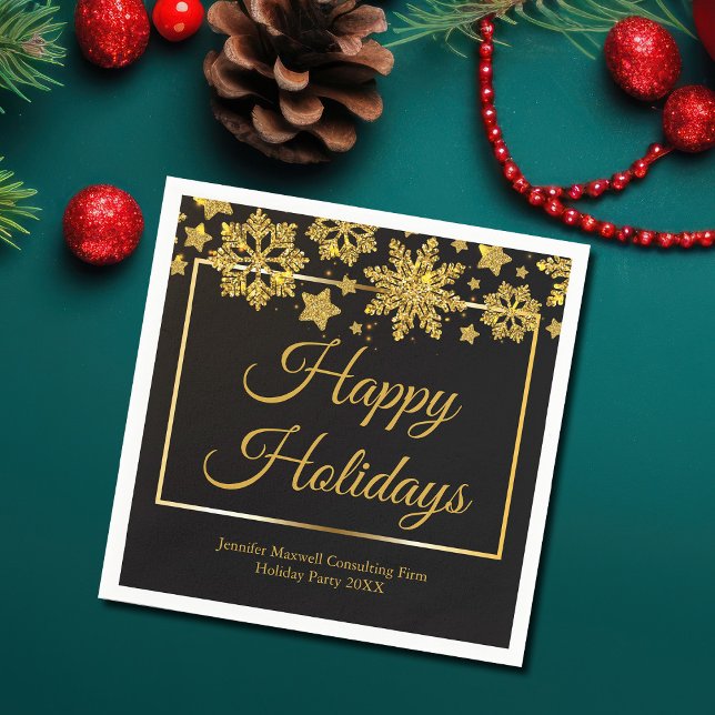 Chic Black Gold Snowflake Custom Christmas Party Napkin (Creator Uploaded)