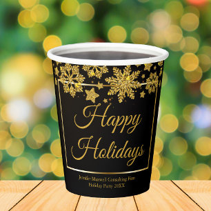 Chic Black Gold Snowflake Custom Christmas Party Paper Cups