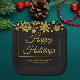 Chic Black Gold Snowflake Custom Christmas Party Paper Plate