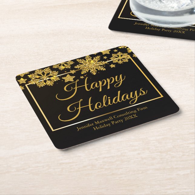 Chic Black Gold Snowflake Custom Christmas Party Square Paper Coaster (Angled)