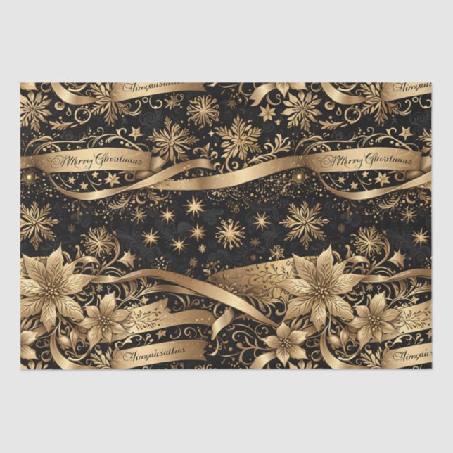Chic Black Gold Snowflake Sparkle Floral Christmas Tissue Paper (Front)