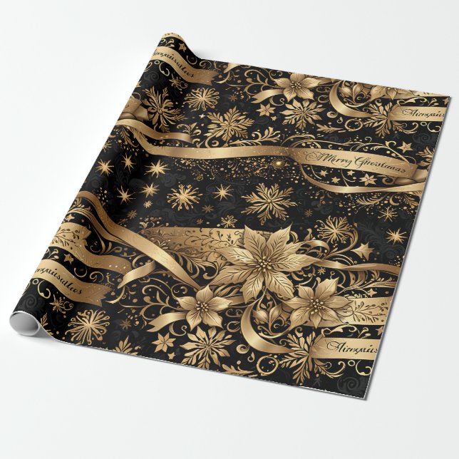 Chic Black Gold Snowflake Sparkle Floral Christmas Wrapping Paper (Unrolled)