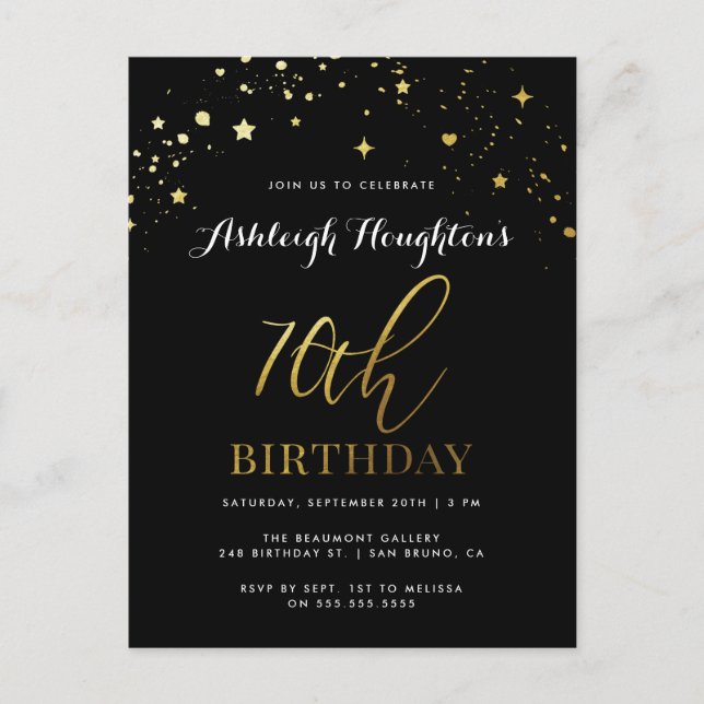 Chic Black & Gold Star Confetti 70th Birthday Invitation Postcard (Front)