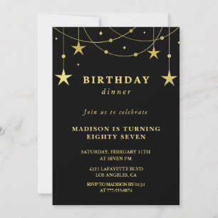Chic Black Gold Stars Dinner 87th birthday Invitation