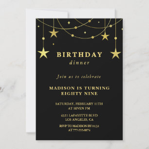 Chic Black Gold Stars Dinner 89th birthday Invitation