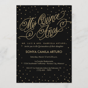 Chic Black & Gold Stars Quinceañera 15th Birthday Invitation