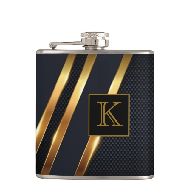 Chic Black & Gold Striped Monogrammed Hip Flask (Front)