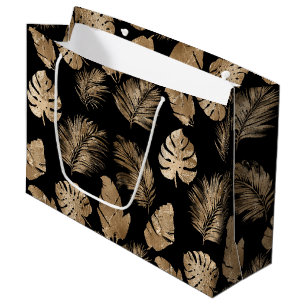 Chic Black Gold Tropical Leaves Large Gift Bag