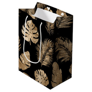 Chic Black Gold Tropical Leaves Medium Gift Bag