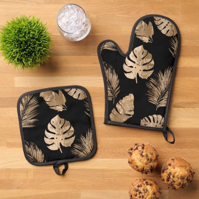 Chic Black Gold Tropical Leaves Oven Mitt & Pot Holder Set (Top Down)