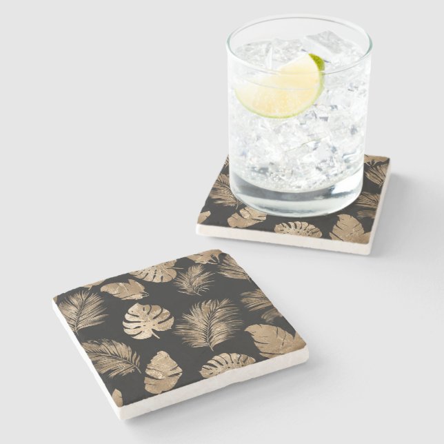 Chic Black Gold Tropical Leaves Stone Coaster (Side)