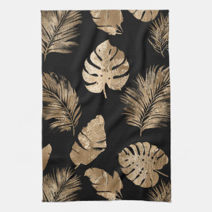 Chic Black Gold Tropical Leaves Tea Towel