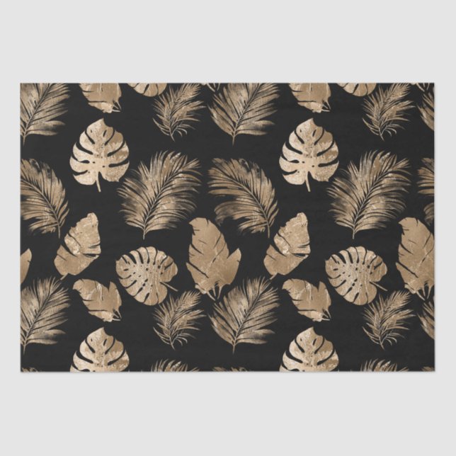 Chic Black Gold Tropical Leaves Tissue Paper (Front)