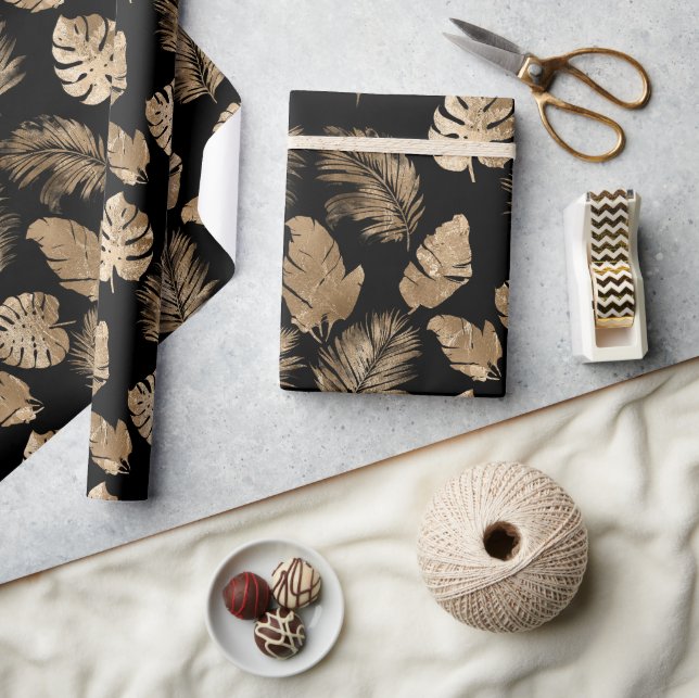 Chic Black Gold Tropical Leaves Wrapping Paper (Crafts)
