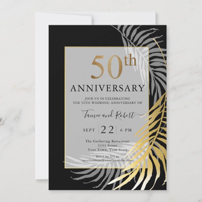Chic Black Gold White 50th Wedding Anniversary Invitation (Front)