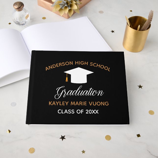 Chic Black Graduation Autograph Keepsake 2025 Guest Book (Front Open)
